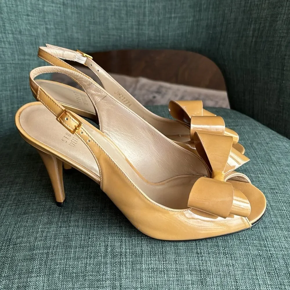 Stuart Weitzman Women’s nude tan big bow peep toe patient leather heel 7.5 EUC!